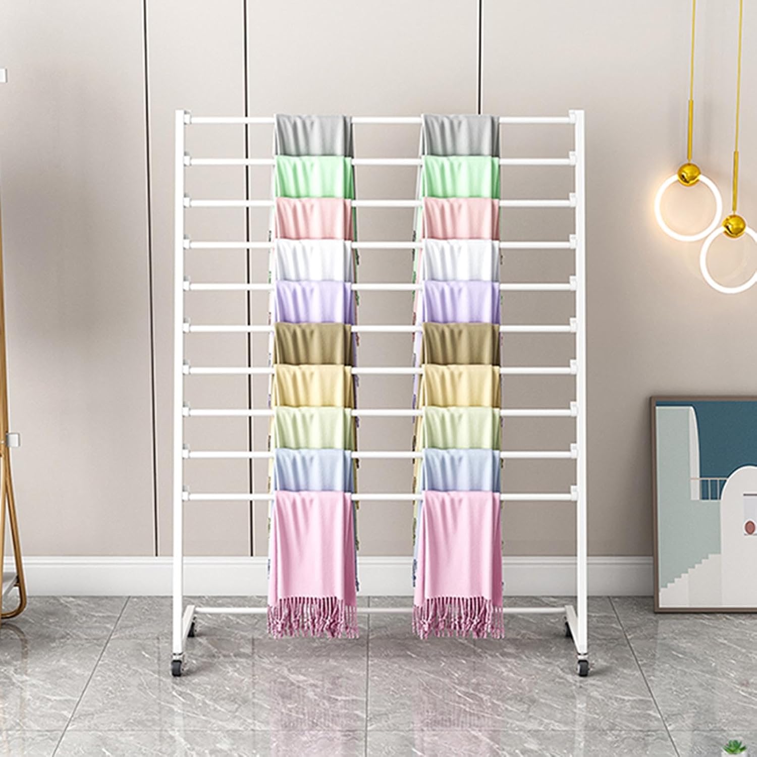Metal Scarf Holder Organizer Scarf Scarf Display Stand,Freestanding Scarf Display Stand with Wheels,Commercial Retail Shawl Hijab Silk Organizer,Ties Belt Pants Hanging R,Gold,80Cmx40Cmx155Cm