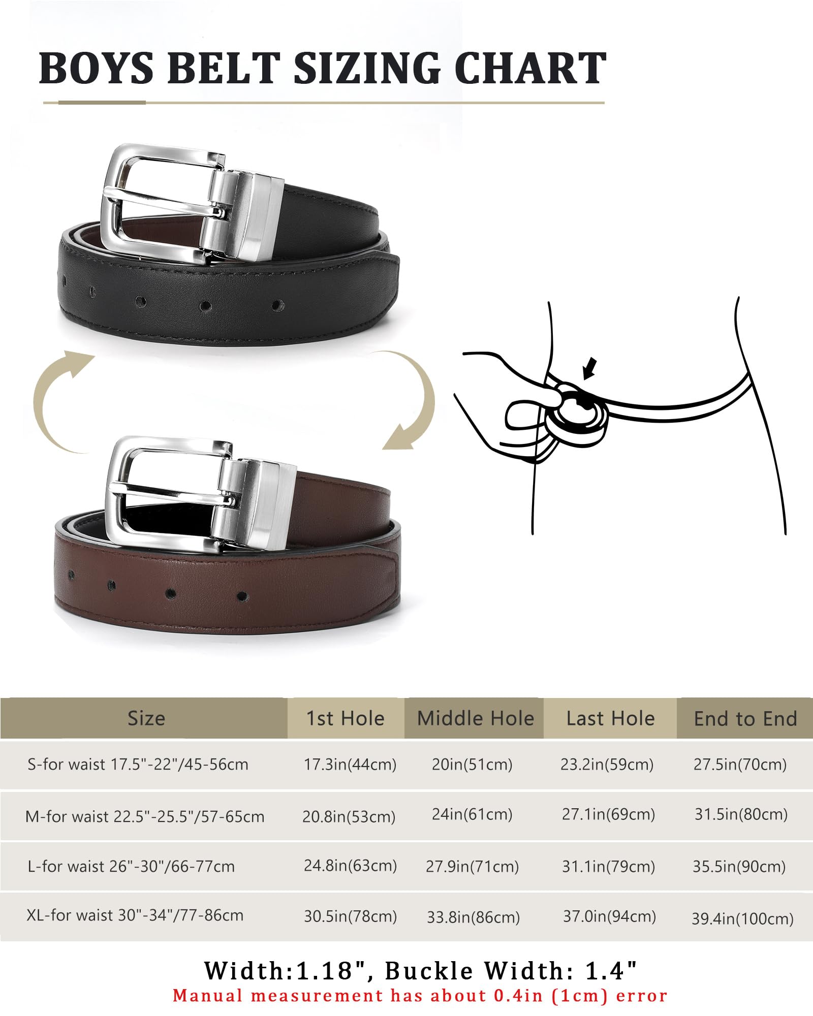 Kajeer Cinturón Reversible para Niños - Cinturón Infantil Negro y Marrón para el Uniforme Escolar Jeans, 30mm de Ancho Cinturón de Cuero de PU