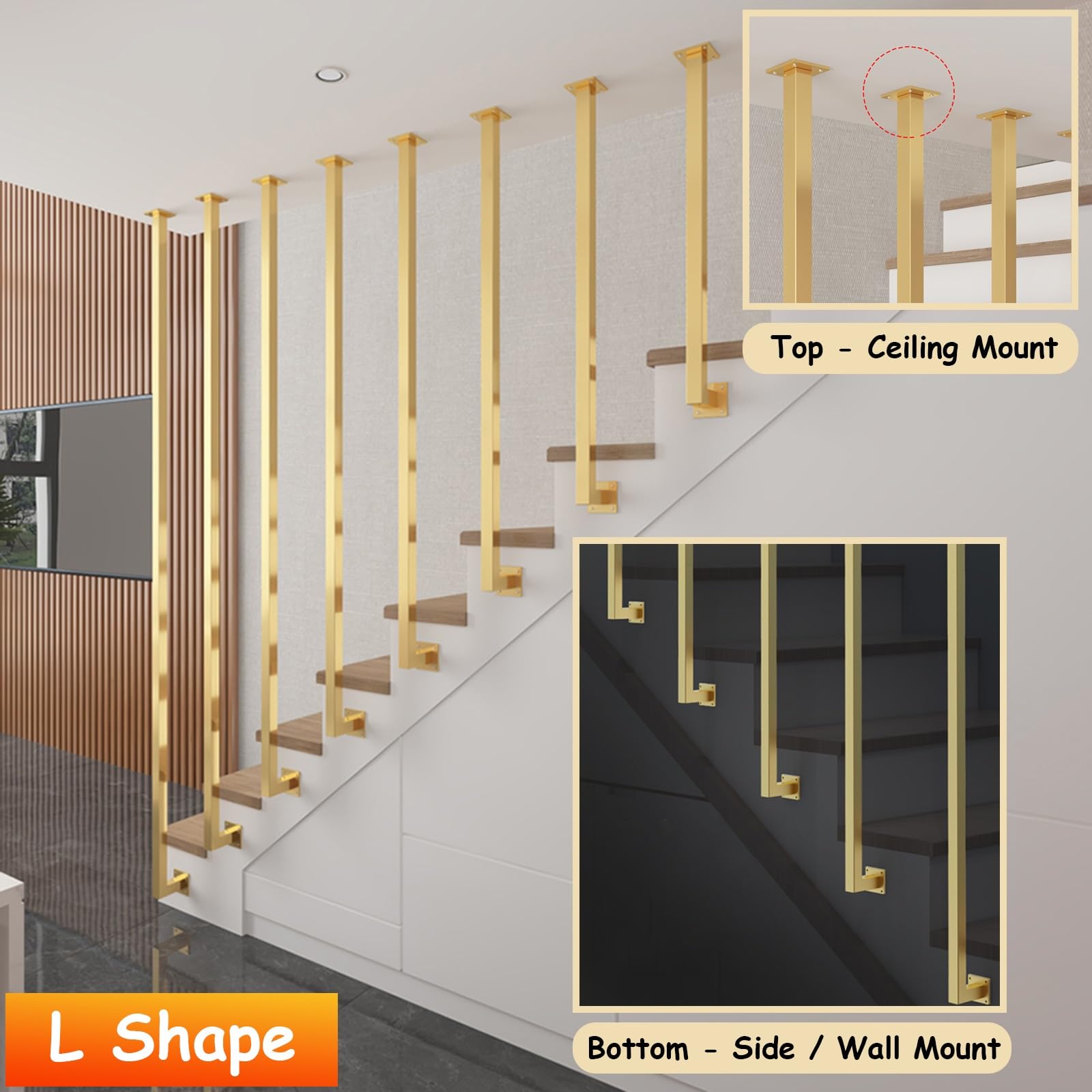 słupki balustrad schodowych, Słupki i pręty balustrad, poręcze kwadratowe do korytarzy(Gold(1 Pack),H 2.2m/7.2ft)