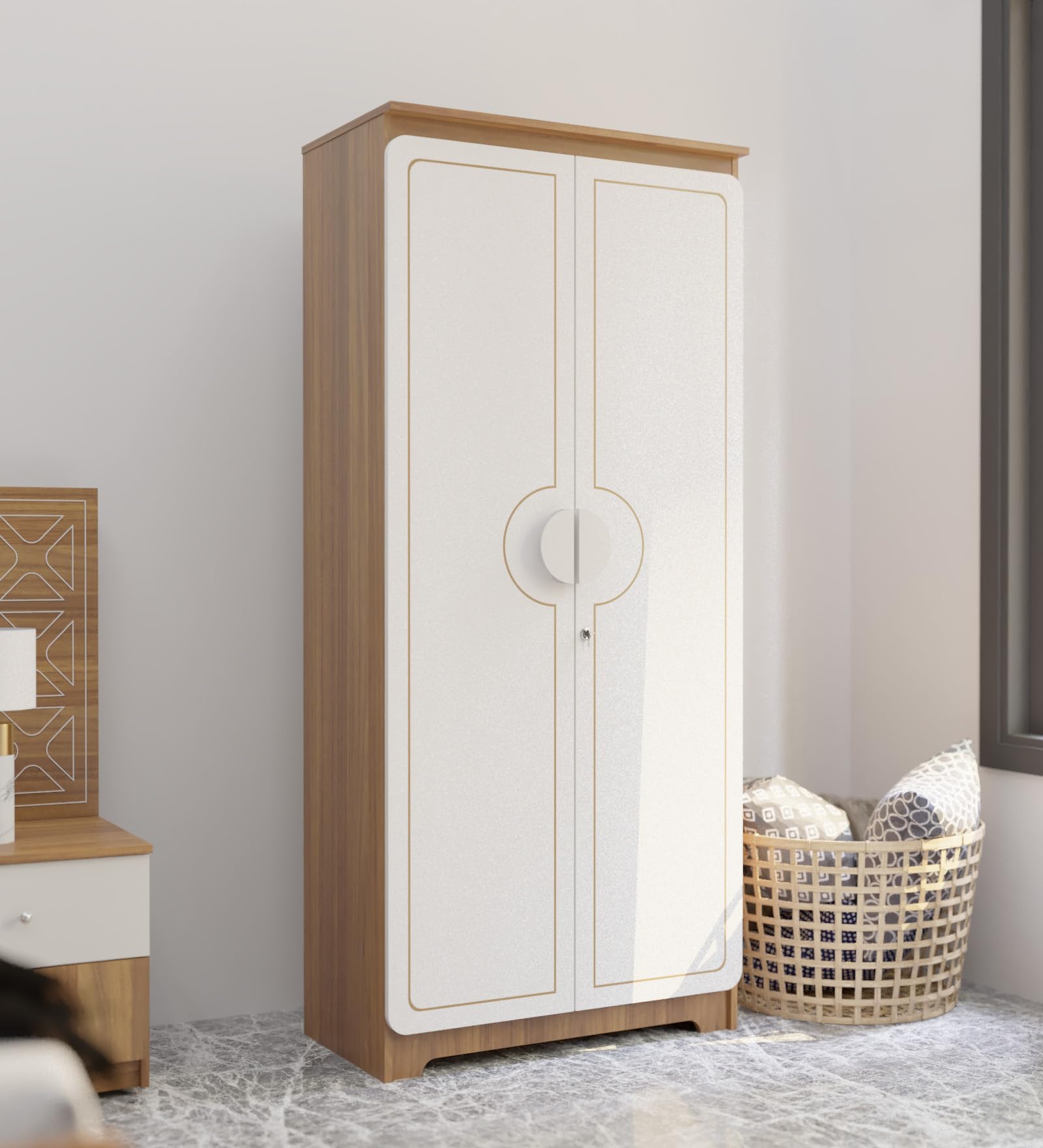 NEUDOT Astona Delight 2 Door Engineered Wood Wardrobe | Wooden Almirah | Multipurpose Storage Organizer | White Wardrobe | 1 Hanger Stand - 3 Shelves, 1 Year Warranty