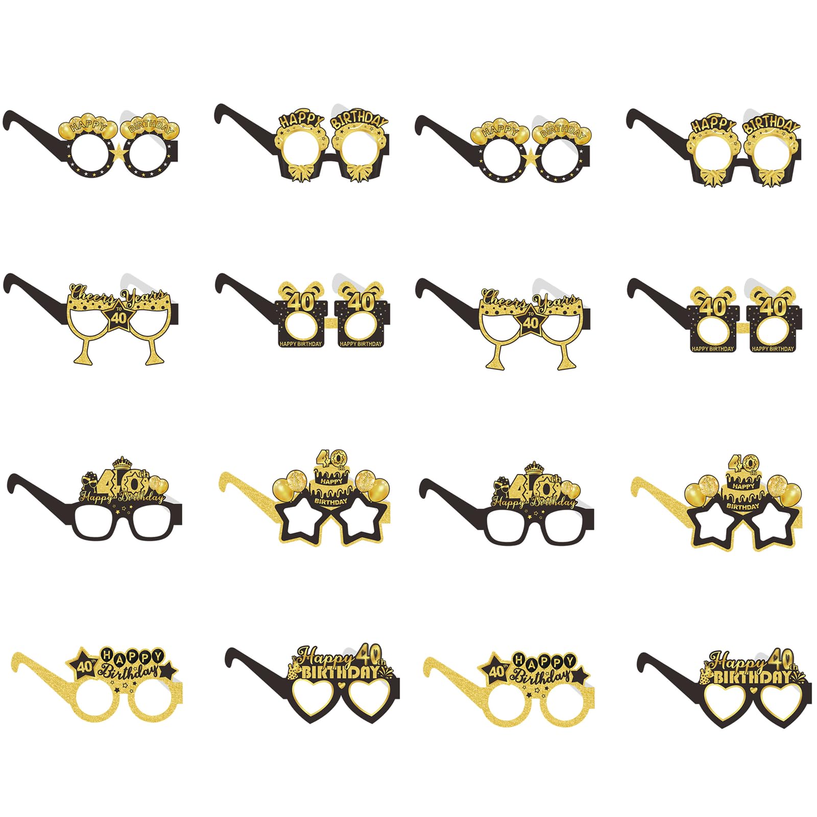 Daxiangsheng 40th Birthday Party Glasses for Photo Booth Props, Gold 16Pcs