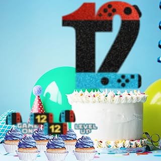 Teen Video Game Unlock Level UP 12 Happy Birthday Cake Topper 7 - PC Set - Perfect Video Game Birthday Party, Game Night Party Decorations for Boys or Girls -SugarGera