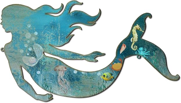 AMNGYOOK Mermaid Wall Art, 14.96x8.3 inch Metal Mermaid Wall Art Sculpture Hanging Ocean Girl Silhouette Decor For Indoor Outdoor Decor B