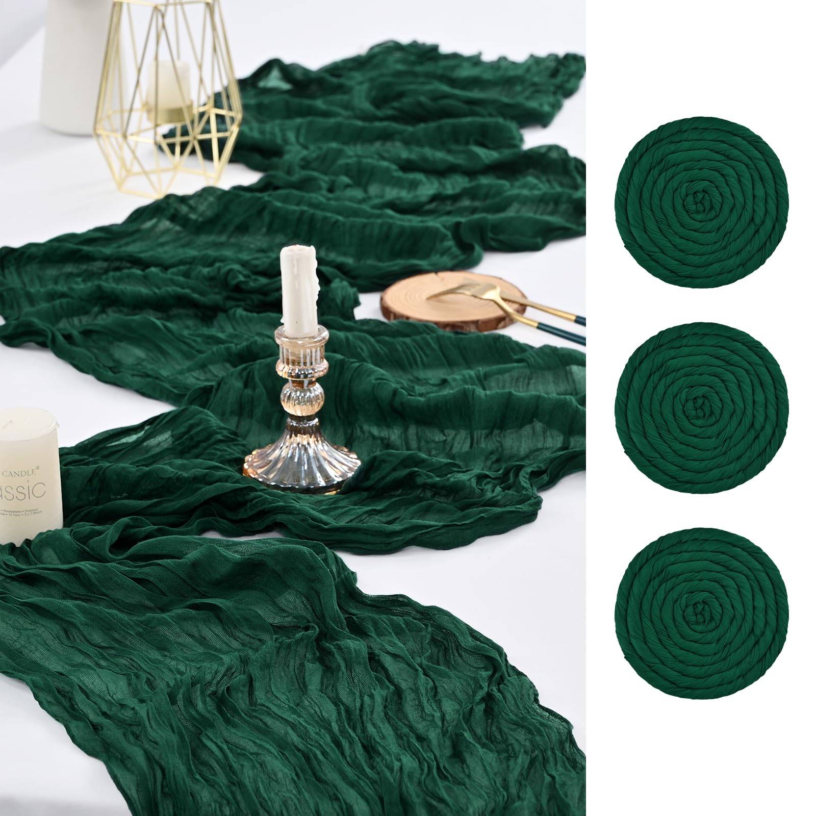 3 Pack Dark Green Table Runner,90x300cm Cheesecloth Table Runners,Romantic Sheer Tablerunner,10FT Gauze Boho Table Runner,Rustic Cheese Cloth Table Runners for Wedding Party Bridal Shower — image 1