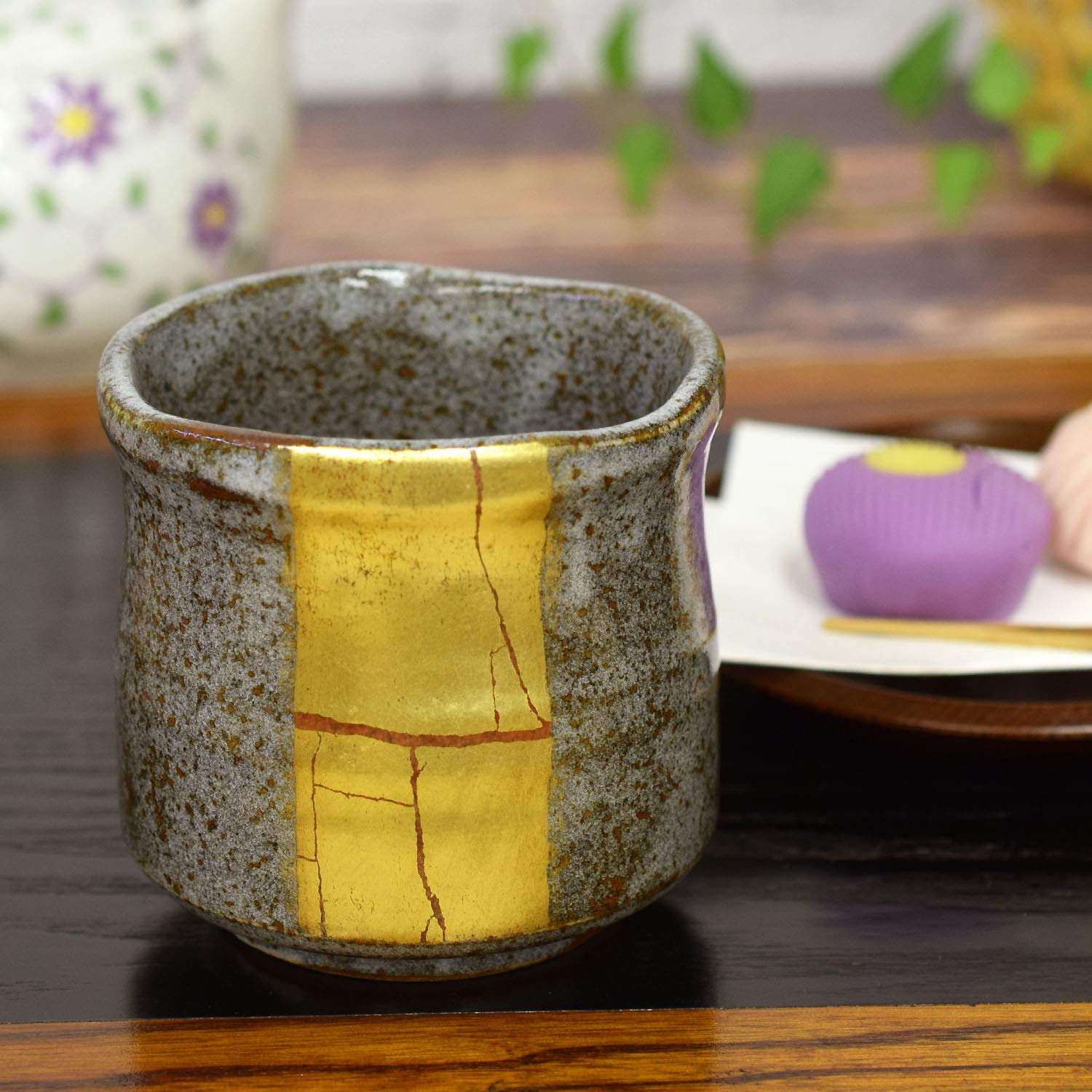 Kutani Ware Gold Foil Line Yunomi Large Tea Cup Gray Ceramic 3.6in Japan