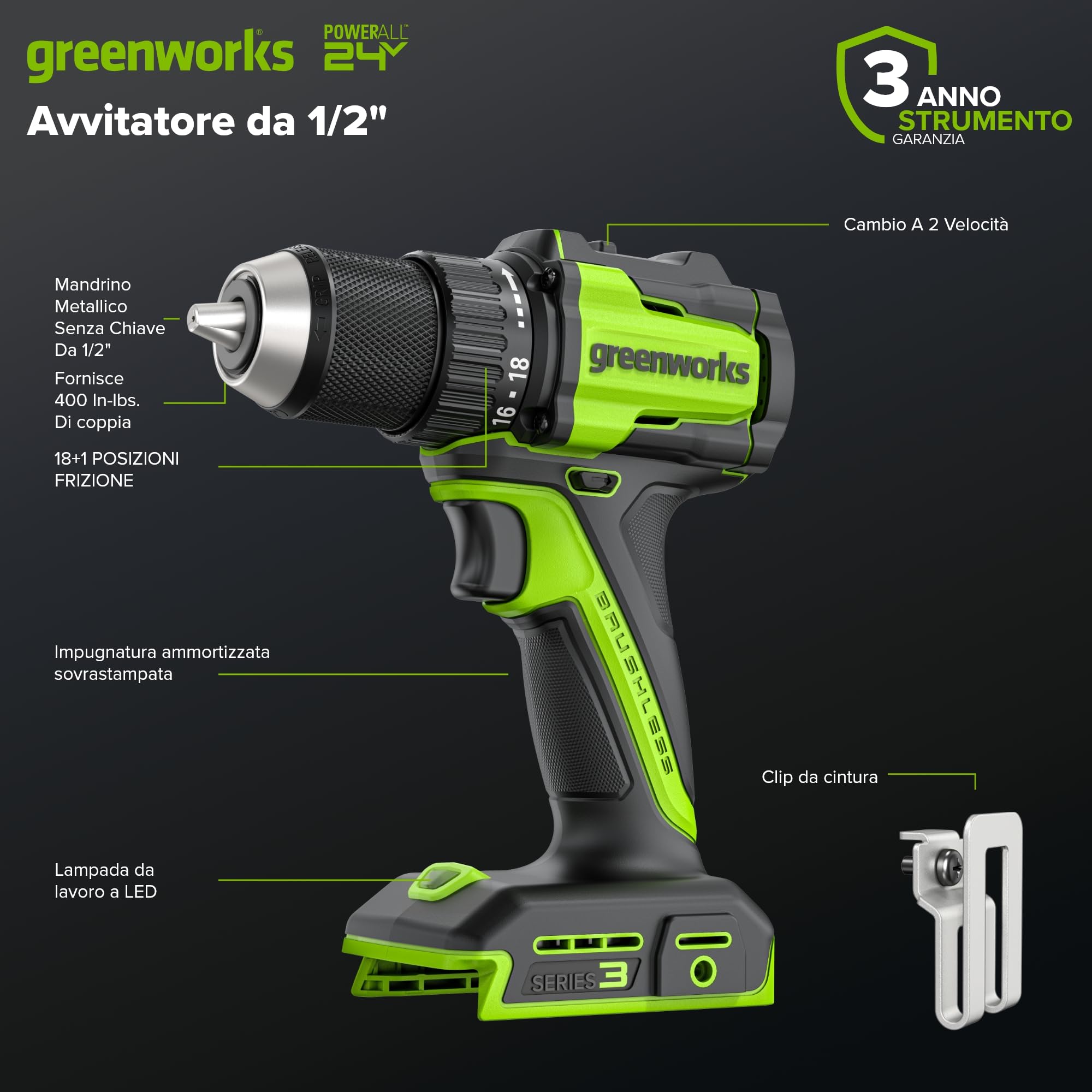 Greenworks 24V Cordless Brushless 45Nm Trapani a percussione, leggero, luce di lavoro a LED, frizione 18 + 1 senza USB-C batteria e caricabatteria