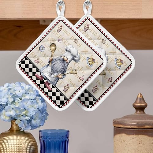 Vista 3 de Kitchen Chef - Gnomos para ollas de cocina, retro, rojo y blanco, a cuadros, para postre, con bucle, aislamiento térmico, guantes de horno