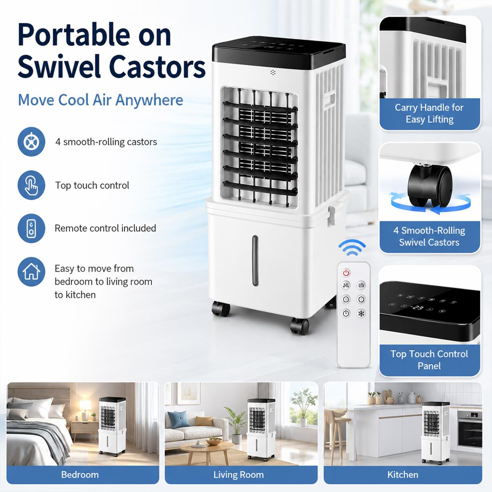 Climatizador Evaporativo con Depósito de 15L Desmontable, Aire Acondicionado Portátil con Temporizador de 7.5 Horas, Enfriador de Aire con Mando a Distancia para Hogar y Oficina