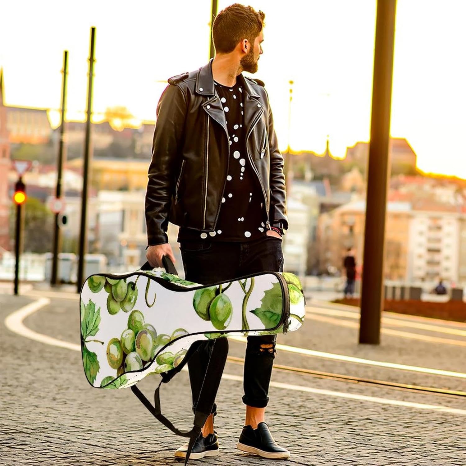 Acoustic Guitar Gig Bag 10mm Thick Padding, Soft Waterproof Guitar Case with Adjustable Backpack Straps for 40-42 Inch Guitar, Watercolor Green Grapes Grape Bones and Leaves