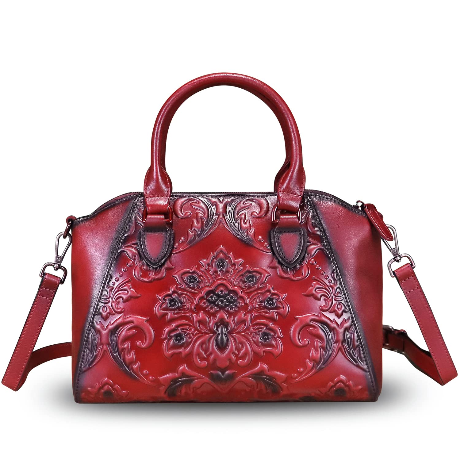 Genuine Leather Purses and Handbags for Women Vintage Embossed Leather Top Handle Bag Satchel Crossbody Shoulder Bag Strap