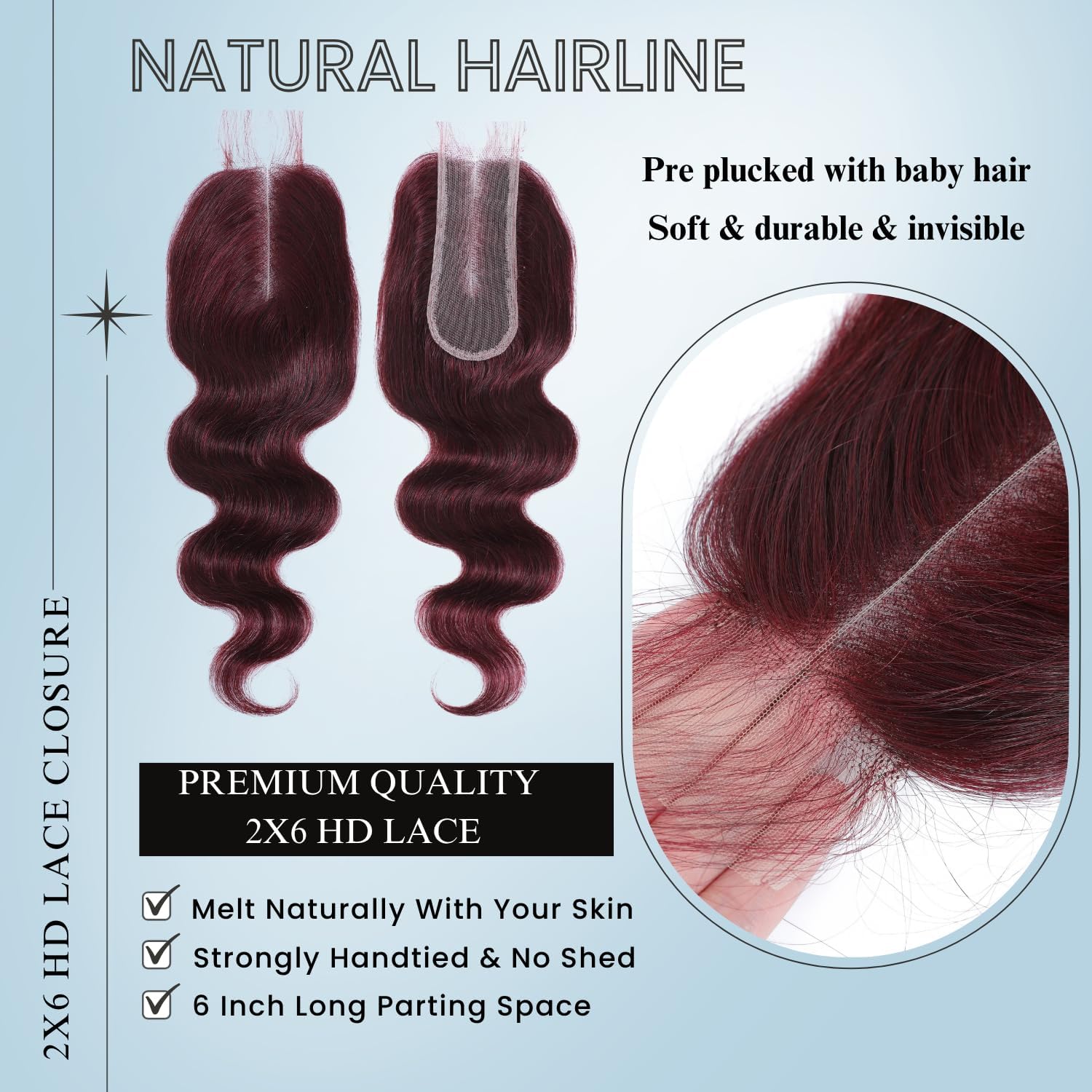 ALHER #99j Dark Burgundy Body Wave Bundles with 2x6 Kim K Lace Closure 22 24 26+18 Inch, Purplish Wine Red Color 3 Bundles with 2x6 Long Deep Part Closure With Baby Hair 100% Real Human Hair