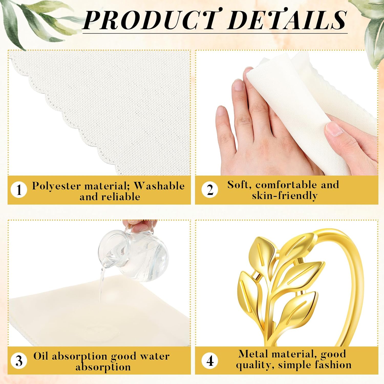 SiliFine Set of 12 Ivory Cloth Napkins Washable Napkin Cloth 17" x 17"and Metal Gold Leaf Rings Table Decor for Wedding Thanksgiving Autumn Fall Christmas Birthday Dinner Party