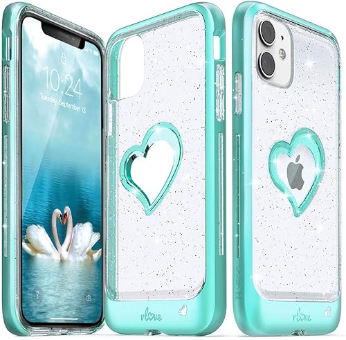 VENA vLove - Funda transparente con purpurina compatible con Apple iPhone 11 (6.1 pulgadas 2019), forma de corazón (protección CornerGuard), funda