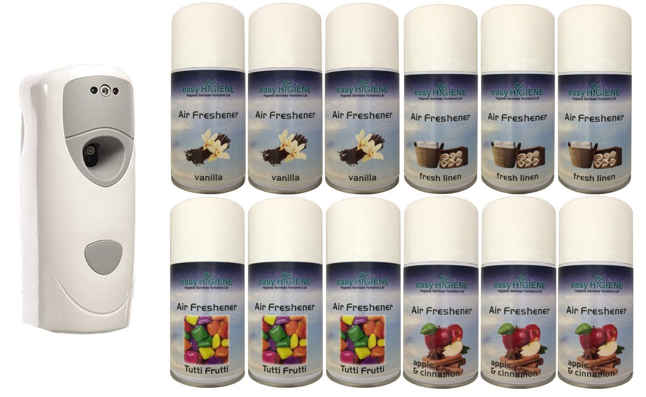 FUSION Dispenser + 12 MIXED AirTech aerosol Automatic Air Freshener Dispenser Refills auto fresh spray cans 270ml wall mounted