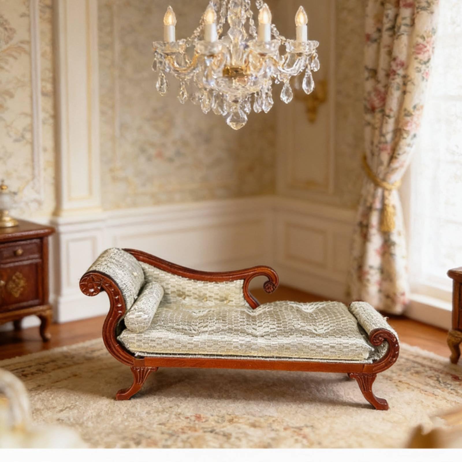 Divano Miniatura Casa Delle Bambole Sedia Miniatura Legno Tessile Dettagli Ricercati Artigianali Adatto per Esposizione Creatività Collezione Mobili Miniatura, Mogano