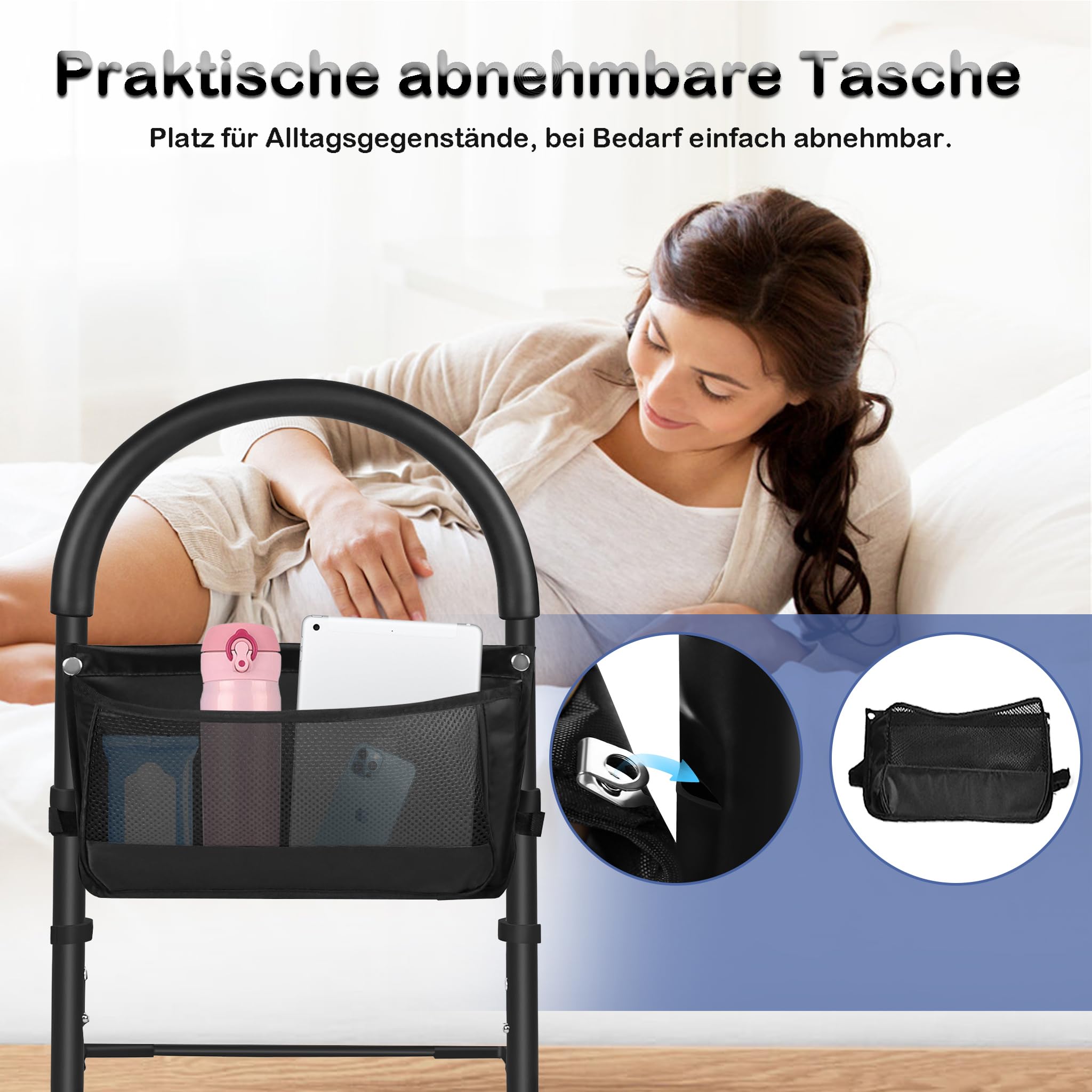 YRHome Składana barierka do łóżka, pomoc przy wstawaniu do łóżka, ochrona przed wypadnięciem, pomoc dla seniorów, regulowana 83-113 cm, z antypoślizgowym uchwytem do łóżka, stabilne nóżki i torba do