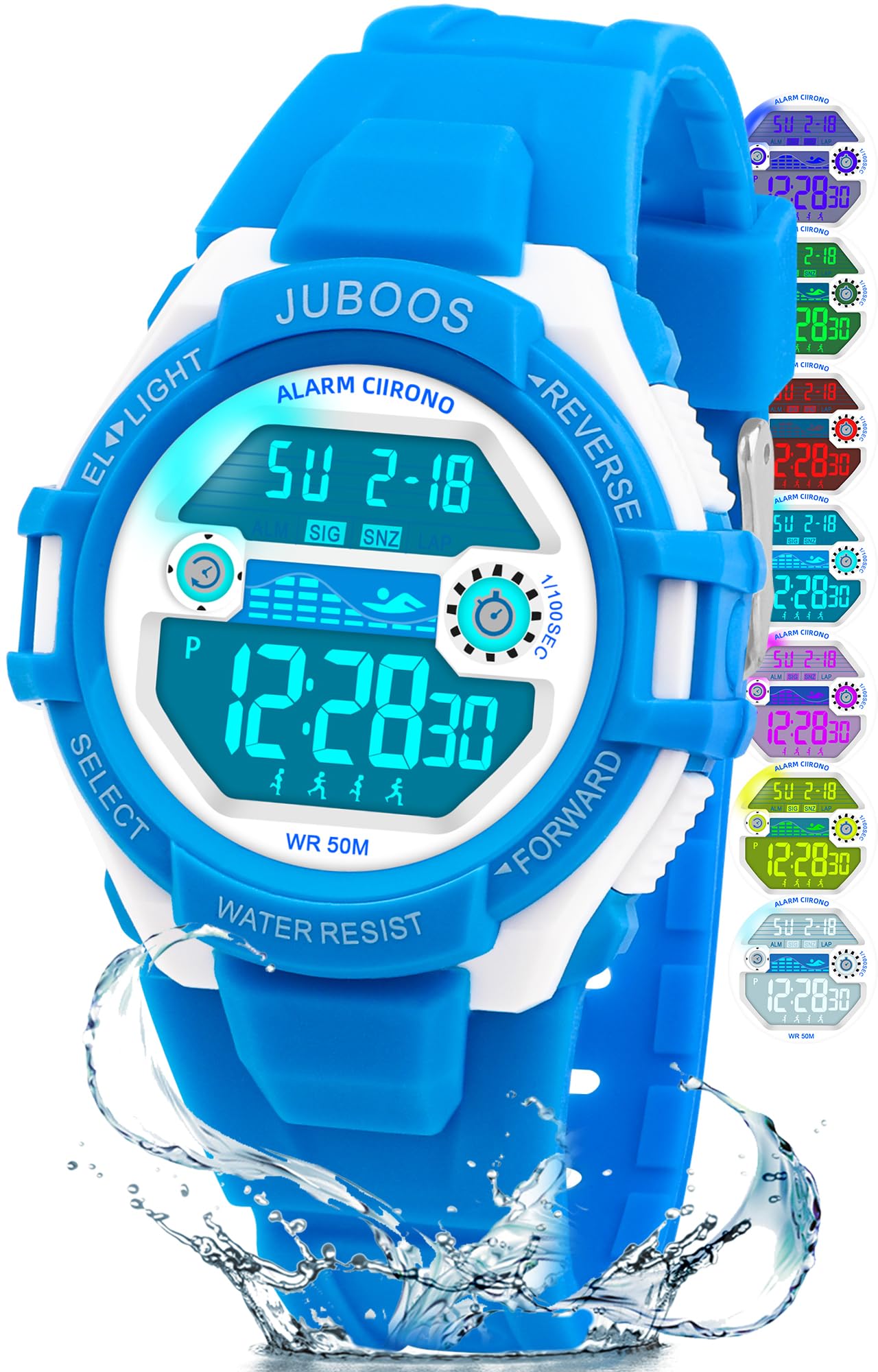 Juboos Kinder Digitaluhren Jungen Mädchen,7 Farben LED-Licht,30M Wasserdicht, mit Alarm,Stoppuhr Outdoor Armbanduhr für Kinder 5-16 Jahre