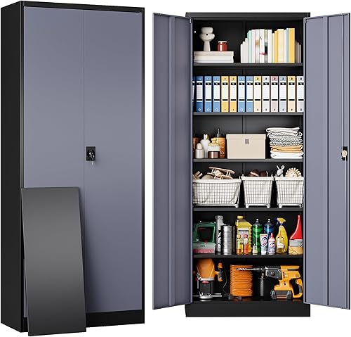 Miniatura 21 de SISESOL Armario de almacenamiento de metal blanco con 5 estantes ajustables, gabinete de metal de 71 pulgadas de alto con puertas con cerradura,