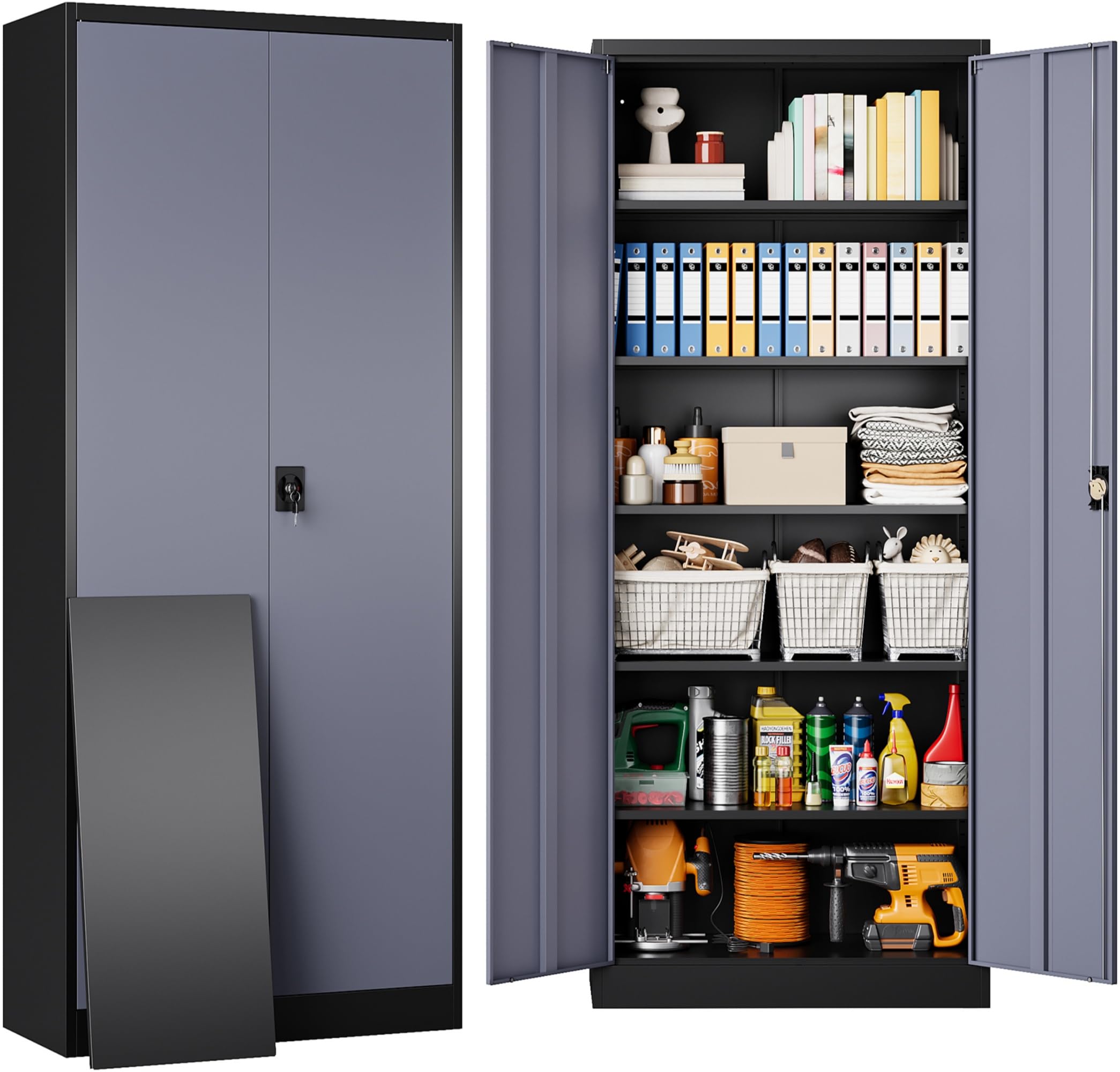 SISESOL Metal Storage Cabinet with 2 Doors and 6 Shelves,Gray Metal Cabinet with Lock,71" Lockable Garage Storage Cabinets,Locking Steel Cabinets for Home,Office,Garage,School