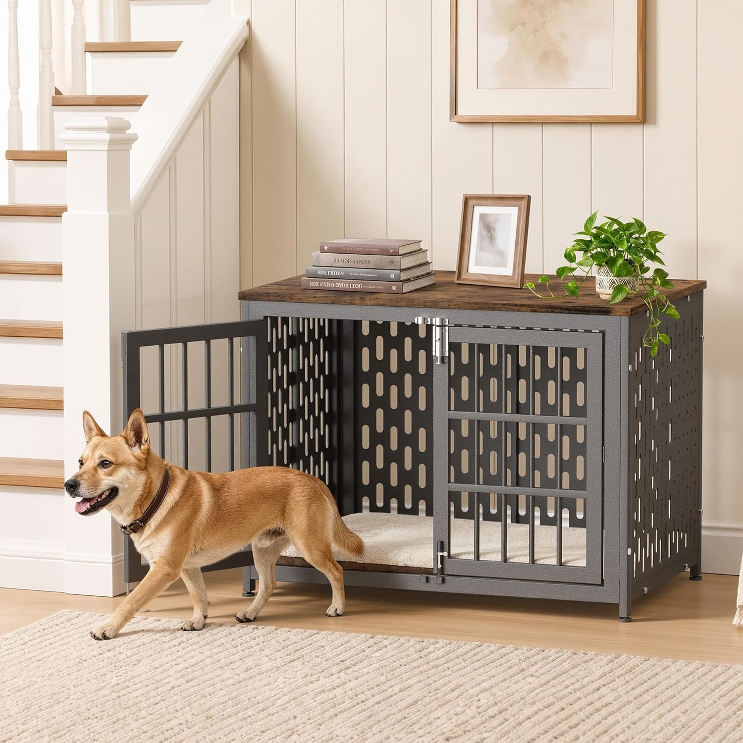 (Minor Bend) Dog Crate Furniture 38in, Heavy Duty End Table with Perforated Steel Chew-Proof Panels, Escape-Proof Indoor Dog Kennel for Medium to Large Dogs (30-60 lbs) Waterproof & Scratch-Resistant