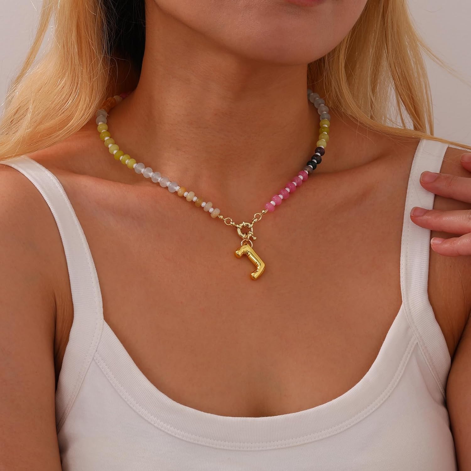 Apsvo Beaded Initial Necklaces for Women, Colorful Bead Gemstone Choker 14K Gold Bubble Letter Pendant Necklace Natural Stone Summer Beach Jewelry Gift