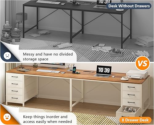 Miniatura 7 de TVU Escritorio para 2 personas de 95 pulgadas con 8 cajones, escritorios grandes de oficina en casa con tomas, estación de trabajo en forma de I,