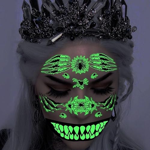 Glow-in-the-Dark Creepy Tattoo Stickers, Waterproof, Hand-Drawn Designs for Halloween or Spooky Parties, Long-Lasting and Unique (03)(05)