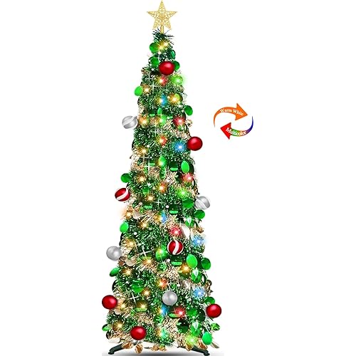 TURNMEON 5 Ft Pop Up Christmas Tree Dual Color Change Lights Ball Ornaments Star Sequin Gold Tinsel Christmas Tree 8 Mode Timer Warm White Colorful Battery Operated Holiday Xmas Decoration Indoor