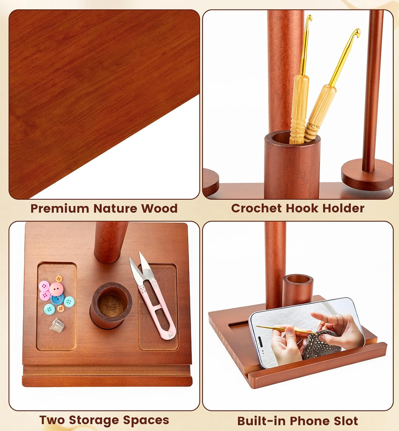 2-in-1 Magnetic Yarn Holder for Crocheting and Knitting | Detachable Dual Spindle Yarn Spinner, Portable Wrist & Shoulder Strap, Wooden Yarn Minder, Phone Stand for Home & Travel