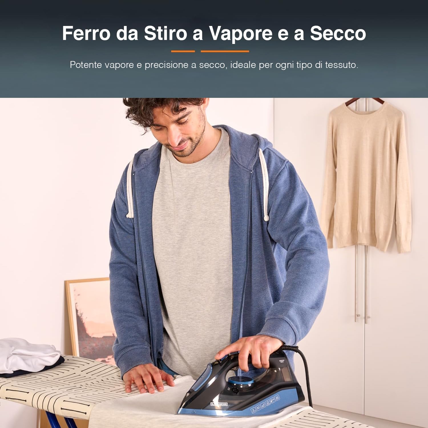 Ferro da Stiro con Piastra Ceramica e Colpo Vapore - con Flusso Costante e Funzioni Autopulente/Anticalcare, 370ml, 31x12x15cm, 2800W, Nero e Blu