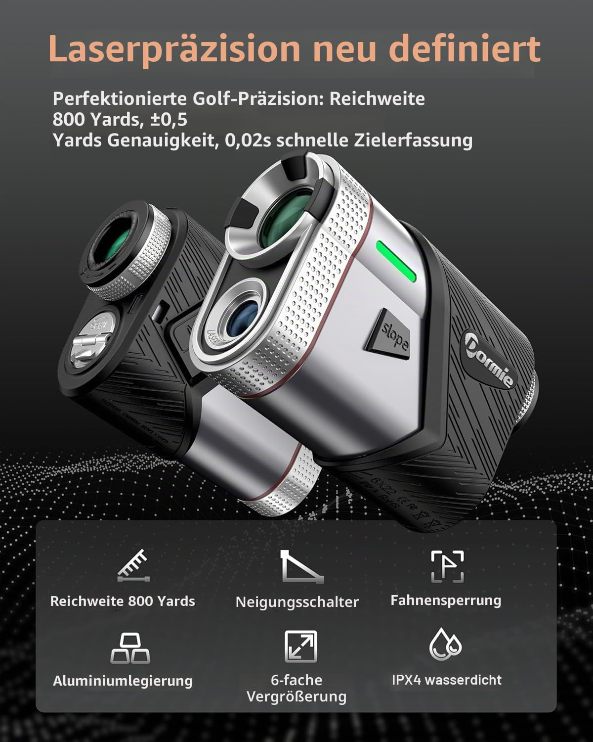 Dormie T100 Golf Laser Entfernungsmesser mit Steigung 800 Yards Aluminium Legierung Fahnenlock Vibration 7X Vergrößerung Magnet