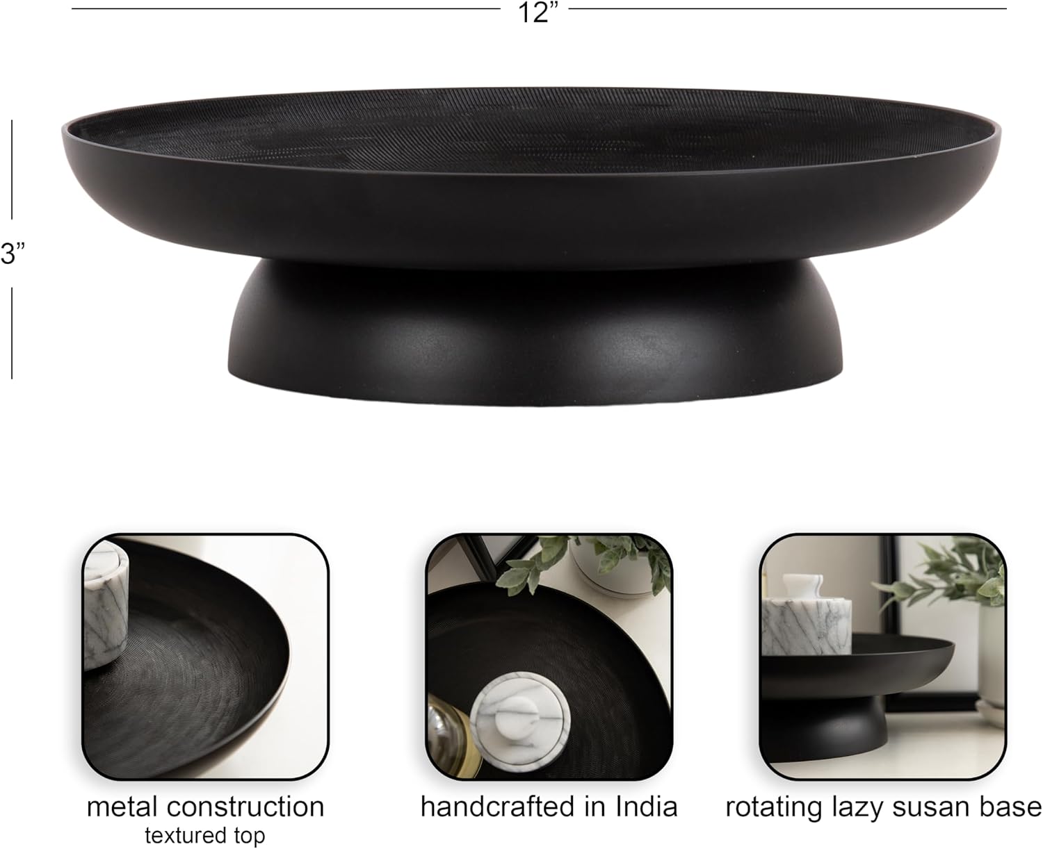 Kate and Laurel Stovring Modern Metal Round Lazy Susan, 12 Inch Diameter, Black, Transitional Aluminum Rotating Pedestal Tray Organizer for Tabletop Decor or Kitchen Storage