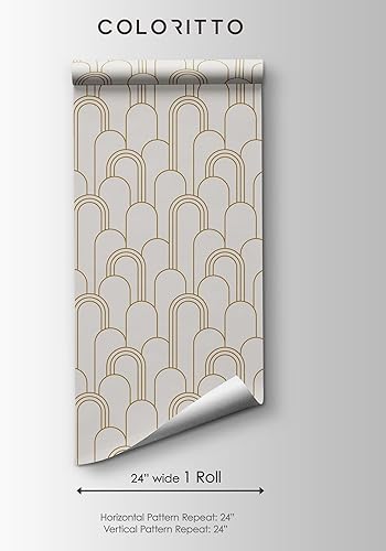 Miniatura 5 de Papel tapiz Art Deco vintage, patrón geométrico autoadhesivo extraíble, papel tapiz dorado mate (1 rollo de 24 pulgadas de ancho x 96 pulgadas de