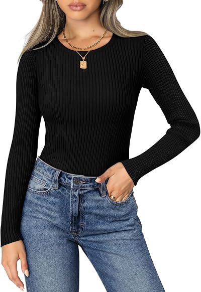 onlypuff Women's Crewneck T Shirts Slim Fitted Elegant Fall Ribbed Knit Casual Long Sleeve Tee Tops