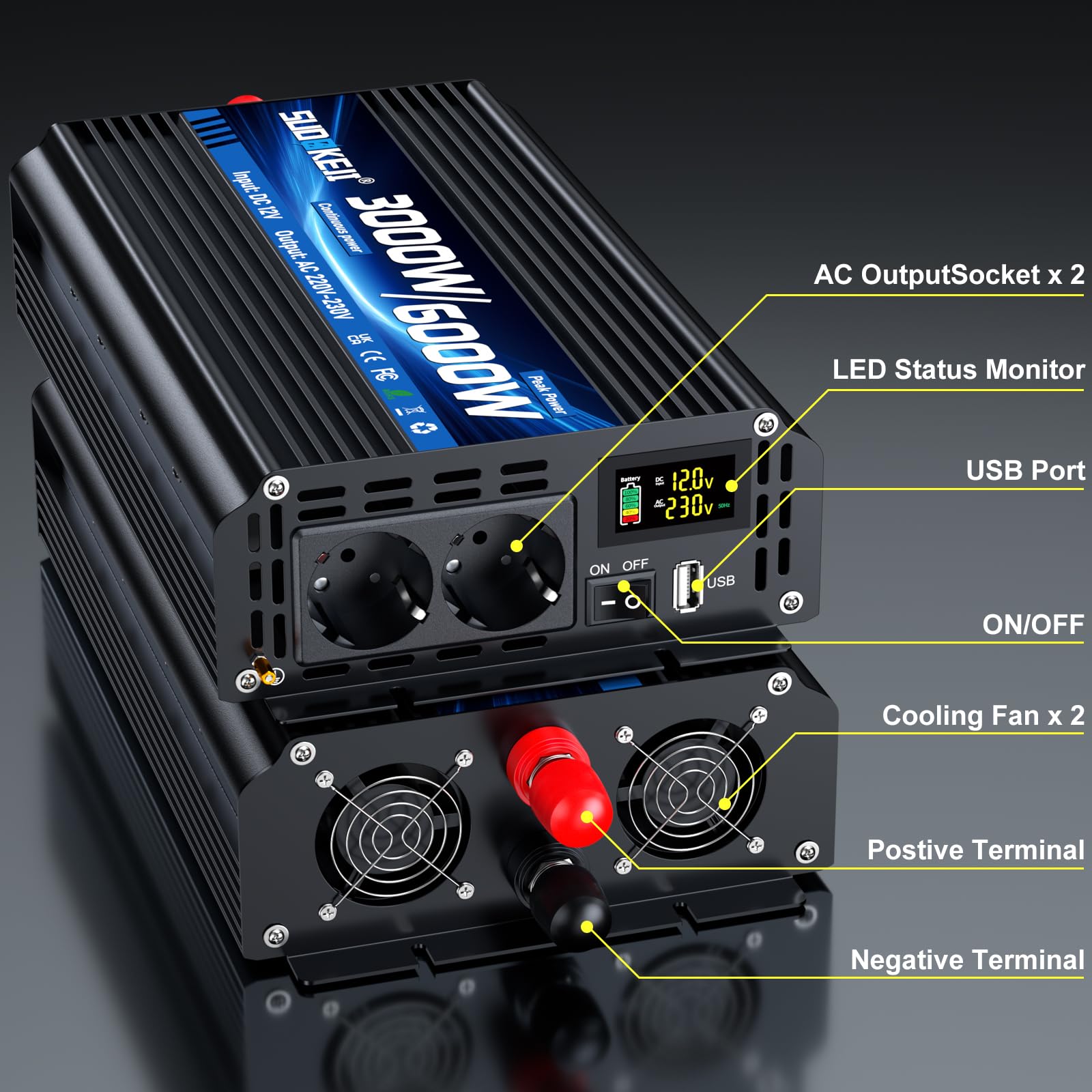 Inverter 12 V 230 V 3000 W/6000 W convertitore di tensione modificato Sinus Wave Inverter con 2 prese AC e porta USB e Type-C per auto camper veicoli