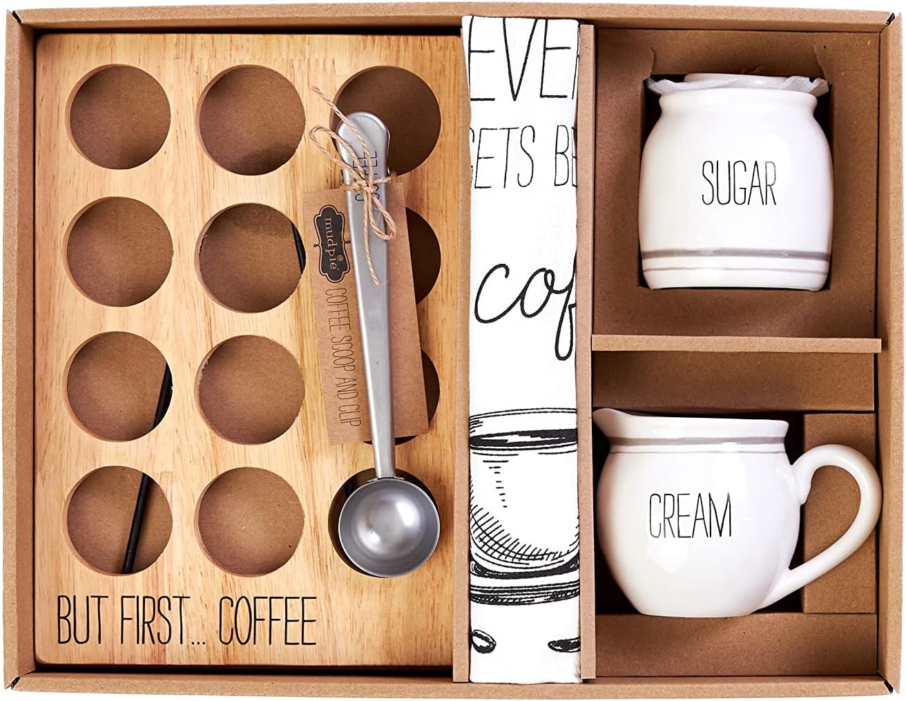 Mud Pie Coffee Gift Box Set | Includes coffee pod holder, Cream & Sugar Set, Coffee Scoop and Hand Towel