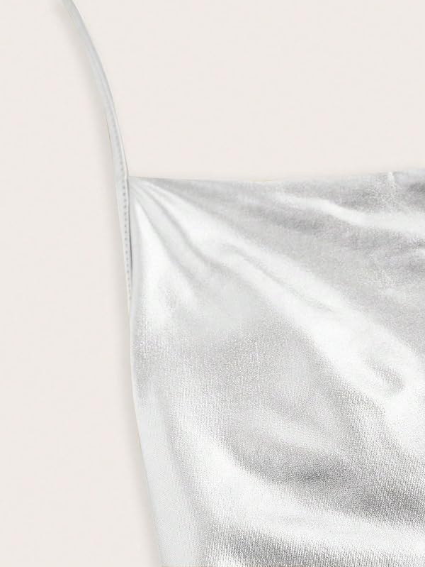 Women's Metallic Draped Front Tank Shiny Halter Top for Dancing, Raves, Festivals, Costumes(T089,Silver,M) by JuicyRose - Used condition - Image 4