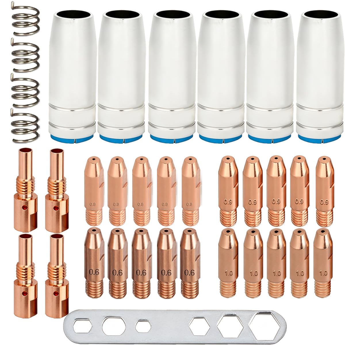 MB25 25AK Verschleißteile Set-Schweißbrenner-Zubehörset für MIG/MAG Schweißzubehör, bestehend aus 20 Kontaktdüsen M6 (0,6 mm/0,8 mm/0,9 mm/1,0 mm), 6 Gasdüsen, 4 Düsenhaltern und 4 Federn