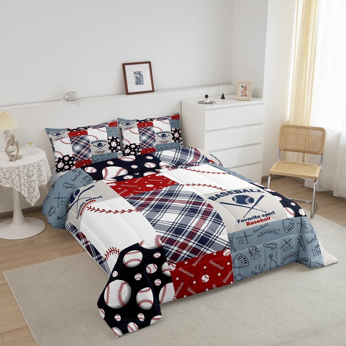 Erosebridal Baseball Print Quilt Twin Size Sports Games Bedding Set Ball Gaming Themed Comforter Set Patchwork Geometric Grid Bedding Comforter Sets Bedroom Decor,Blue Red White