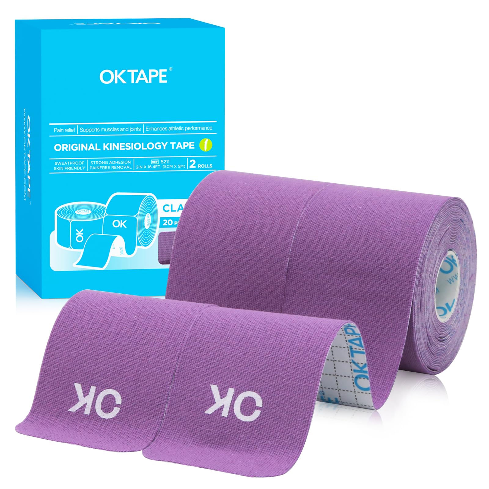 OK Tape Kinesiology Tape 25cm Pretagliato, 20 Strisce, Elastico Nastro Sportivo Per La Pelle, Adatto Per Ginocchia, Caviglie, Gomiti e Spalle 5m x 5cm (2 Rotoli,Viola)