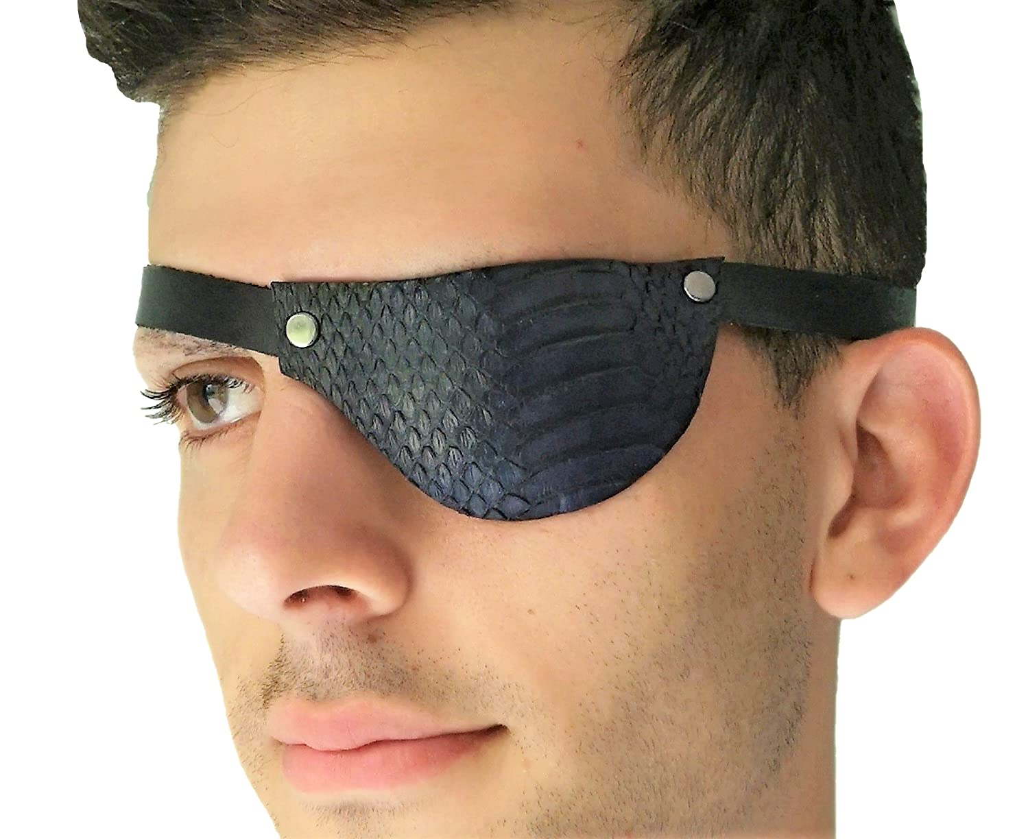 Handmade Black Snake Skin Leather Eye Patch with Buckle. Medical, Adjustable, Cosplay, Halloween. Suitable for permanent use. For the Right or Left Eye.