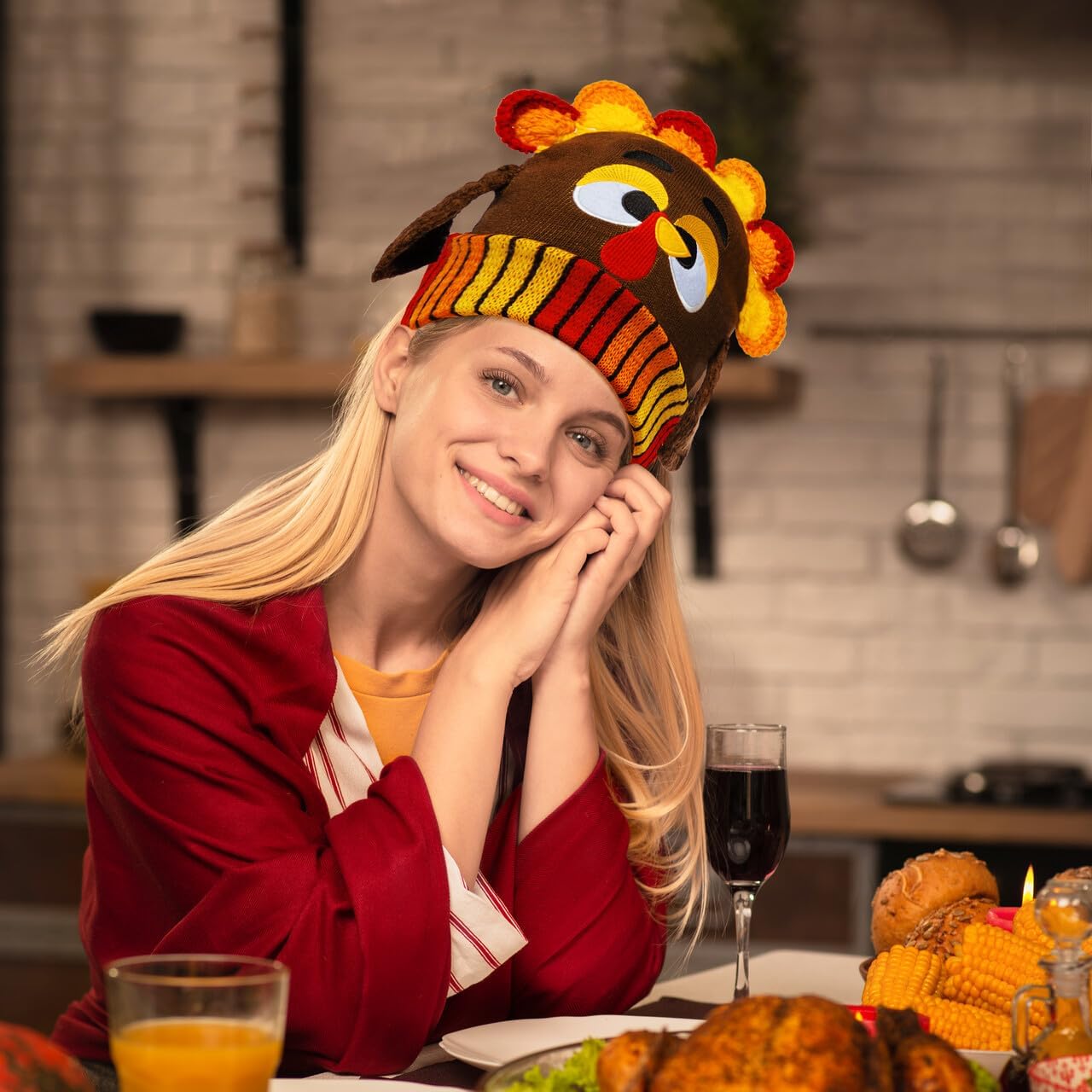 JOYIN Thanksgiving Pom Turkey Beanie Knitted Hat, Thanksgiving Turkey Hat for Women & Man,Thanksgiving Novelty Hats,Thanksgiving Costume Hats, Halloween Costume Dress Up Hats,Thanksgiving Accessories