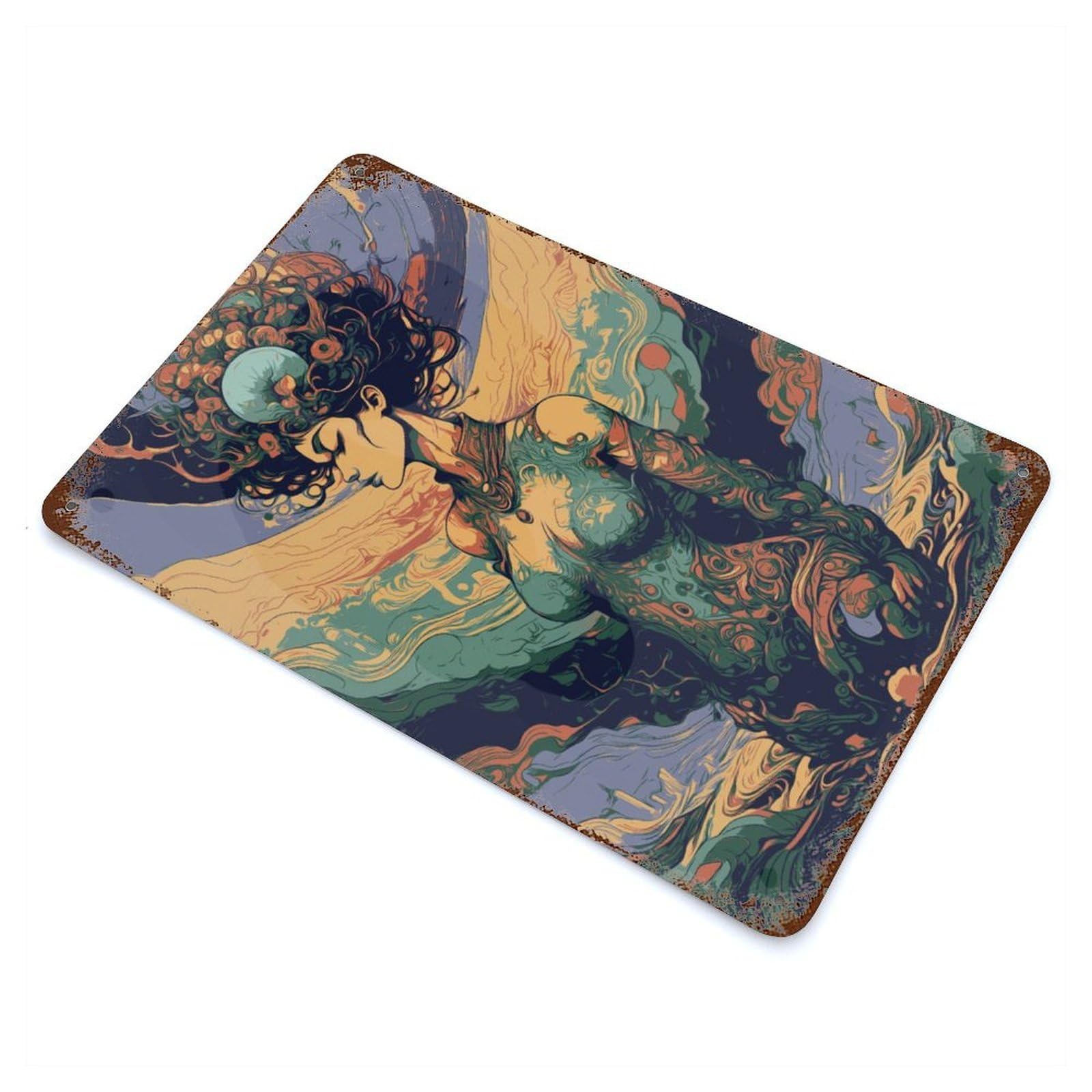 Retro Metal Sign with Mystical Woman in Swirling Landscape Design 11.8"x7.9", for Pub, Kitchen And Man Cave Decor, Rustic Home Decor