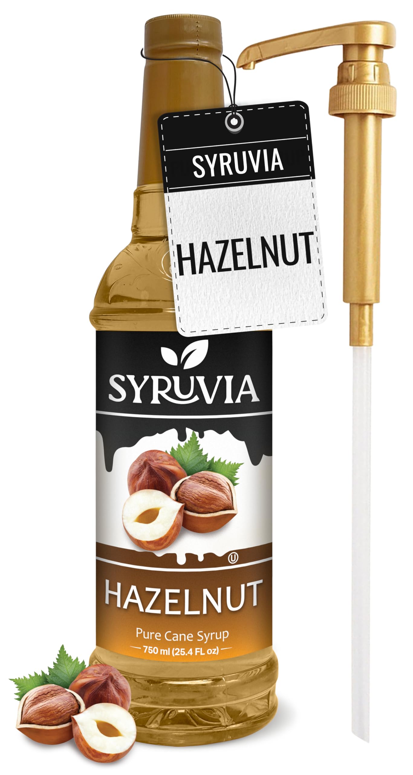 Syruvia Coffee Syrup, Hazelnut Flavored Syrup for Drinks, Lattes, and Desserts – 25.4 fl oz, With Pump