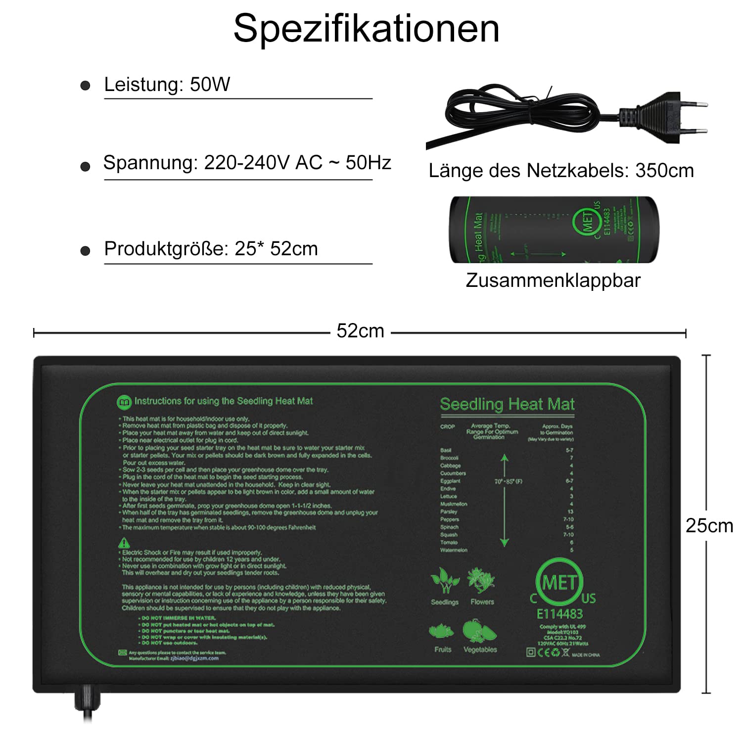iZELL Tappetino riscaldante per Piante con termostato per piantine, Animali Domestici e rettili, 50 W, per la Regolazione della Temperatura, Riscaldamento rapido, Sicuro e Durevole, 25 x 52 cm