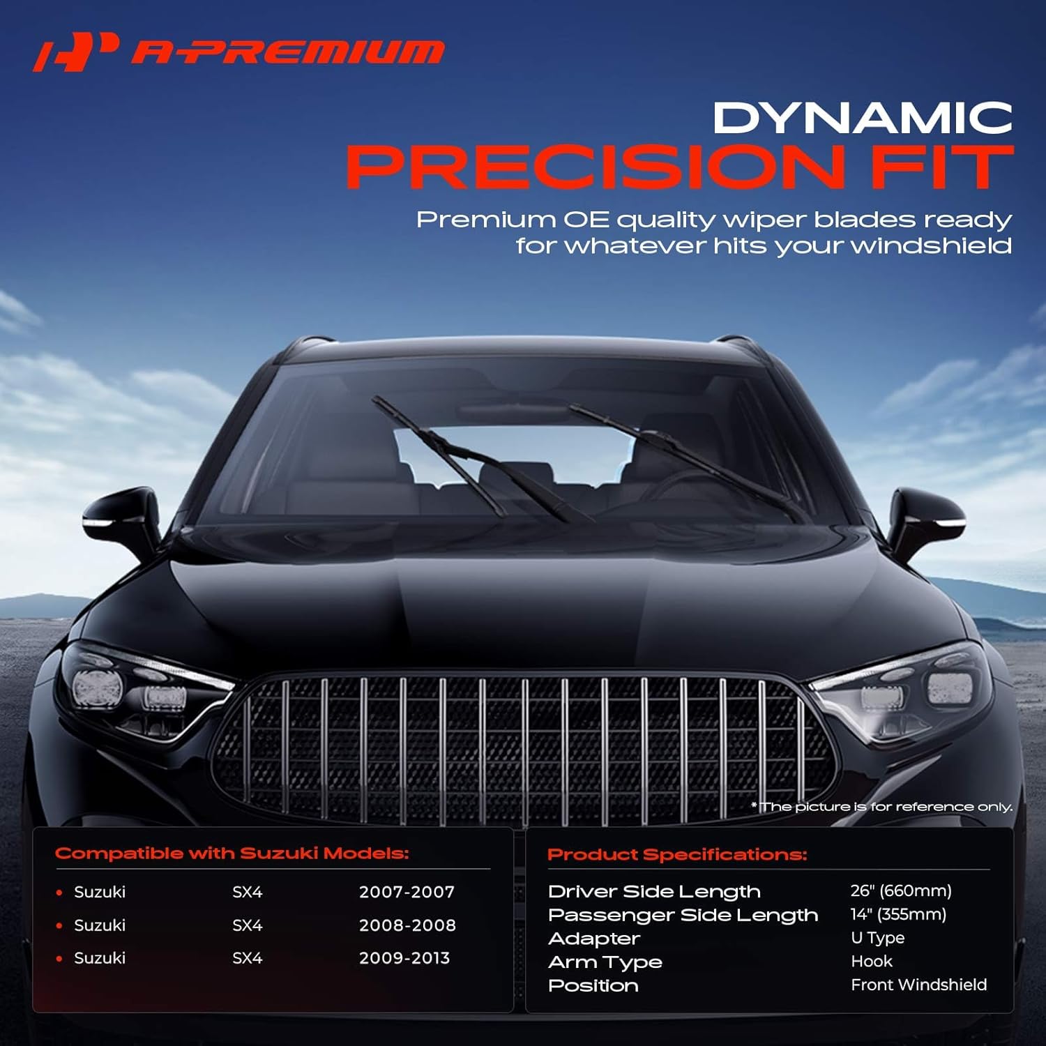 A-Premium Pack of 2 Windshield Wiper Blades with Wear Indicator & Towel - Compatible with Suzuki SX4 2007-2013 - 26" and 14", Hook Connector, Left and Right