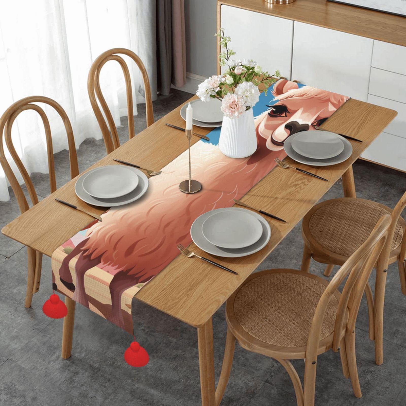 Chemin de table en lin camel raffine 152 cm, napperon haut de gamme a pampilles rustiques