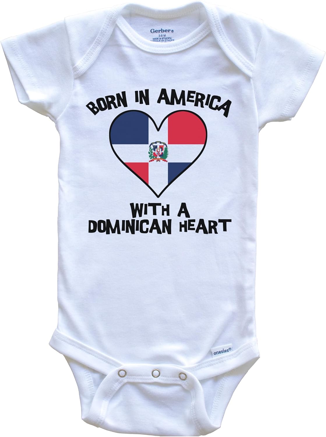Born in America with A Dominican Heart One Piece Baby Bodysuit Dominican Republic Flag Baby Bodysuit