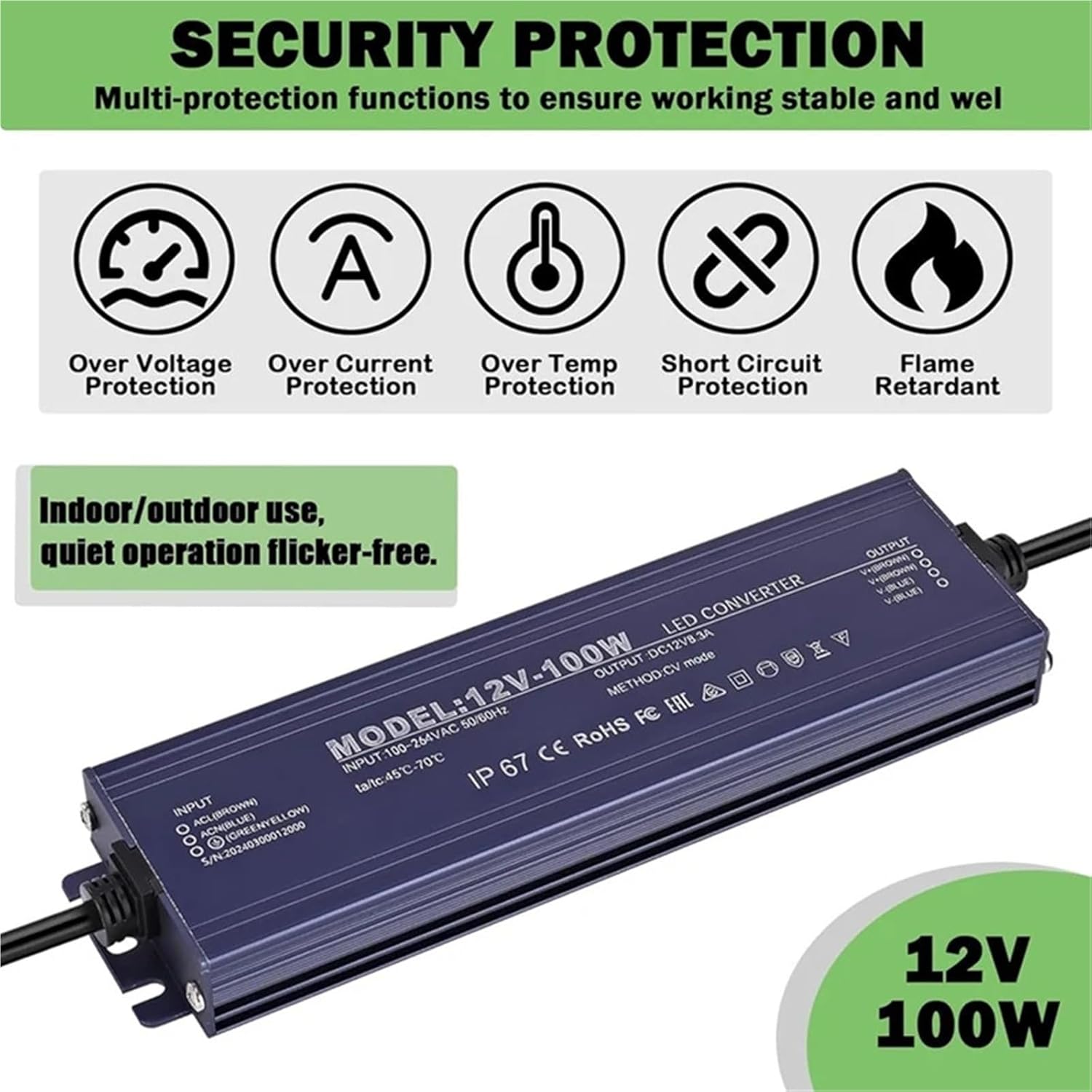 A76X-12V LED Driver IP67 Waterproof 12V 100W Power Supply Transformer 100-264V AC to 12Volt DC Low Voltage Output,for Light