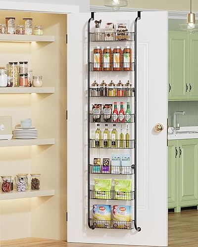 TIMEBAL Organizador de despensa sobre la puerta, cesta colgante de metal de 8 niveles con ventosas, resistente a la corrosión, color negro